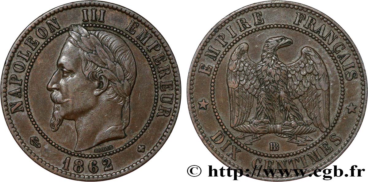 Dix centimes Napoléon III, tête laurée 1862 Strasbourg F.134/8 MBC+ 