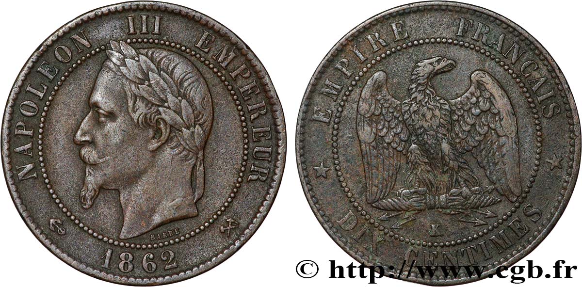 Dix centimes Napoléon III, tête laurée 1862 Bordeaux F.134/9 fSS 