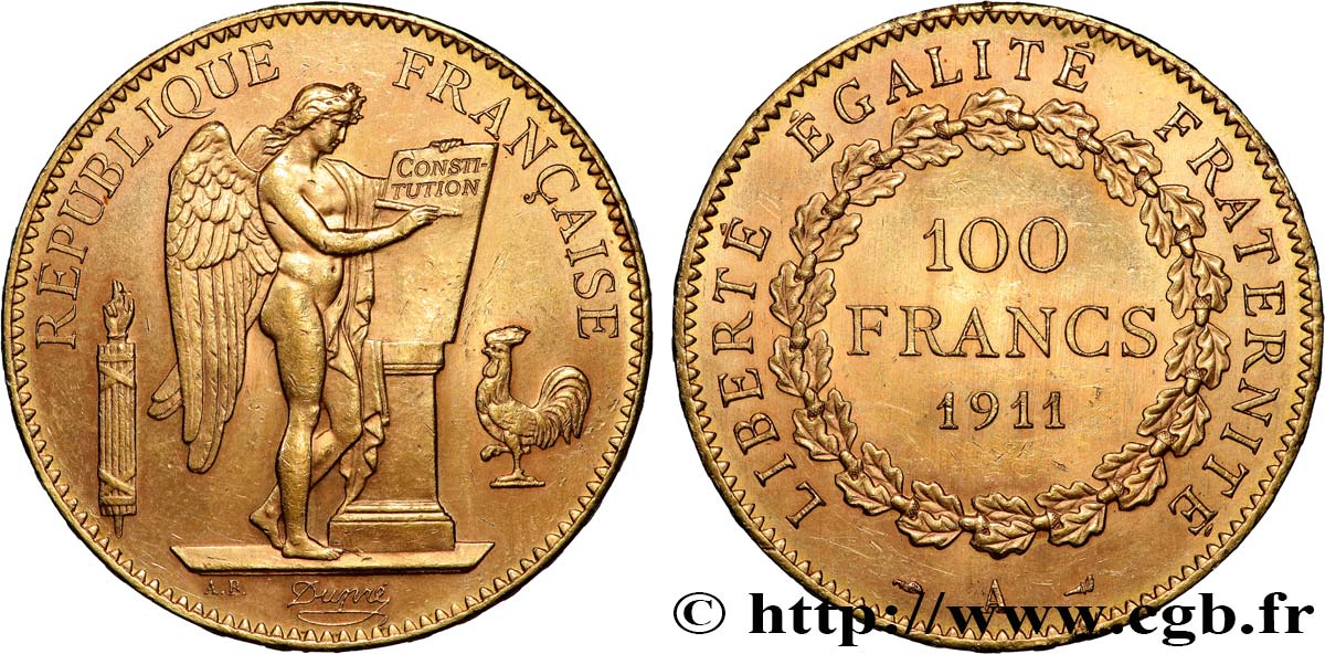 100 francs génie, tranche inscrite en relief liberté égalité fraternité 1911 Paris F.553/5 MS60 
