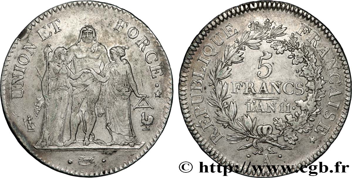 5 francs Union et Force, Union serré, seulement glands intérieurs 1803 Paris F.288/191 TTB50 