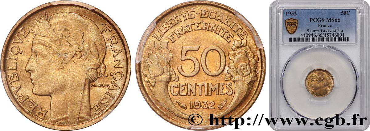 50 centimes Morlon, avec raisin, 9 et 2 ouverts 1932  F.192/7 MS66 PCGS