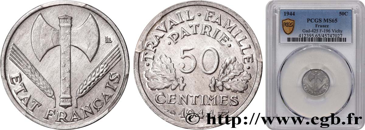 50 centimes Francisque, légère 1944  F.196/4 MS65 PCGS