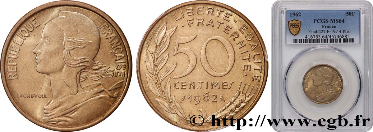 50 centimes Marianne, col à 4 plis 1962 Paris F.197/3 MS64 PCGS