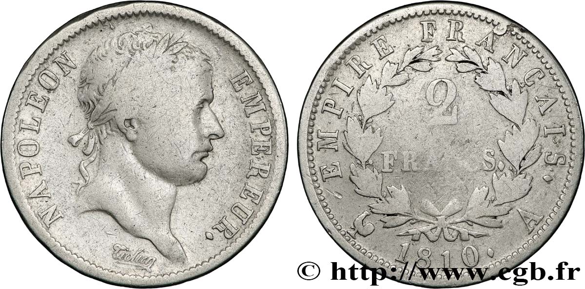 2 francs Napoléon Ier tête laurée, Empire français 1810 Paris F.255/10 VG 