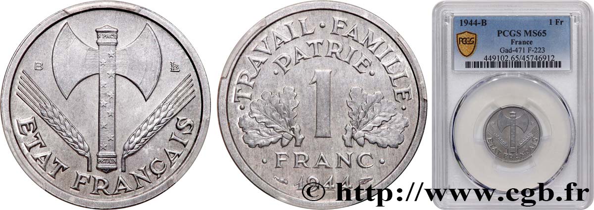 1 franc Francisque, légère 1944 Beaumont-Le-Roger F.223/6 FDC65 PCGS