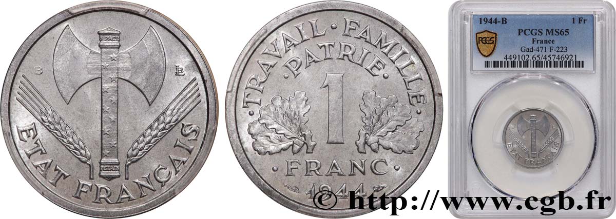 1 franc Francisque, légère 1944 Beaumont-Le-Roger F.223/6 MS65 PCGS