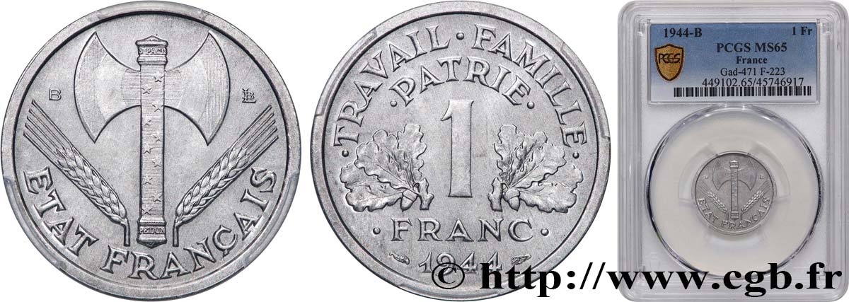 1 franc Francisque, légère 1944 Beaumont-Le-Roger F.223/6 FDC65 PCGS