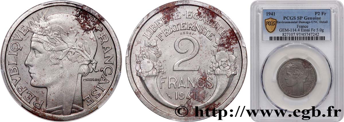 Essai en fer de 2 francs Morlon, flan épais 1941 Paris GEM.114 4 SUP+ PCGS
