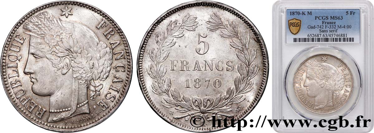 5 francs Cérès, sans légende 1870 Bordeaux F.332/3 SPL63 PCGS