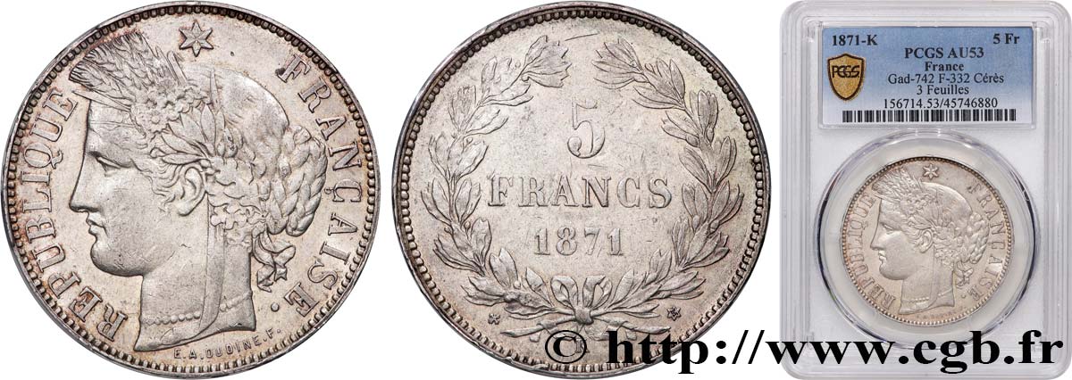 5 francs Cérès, sans légende 1871 Bordeaux F.332/8 TTB53 PCGS