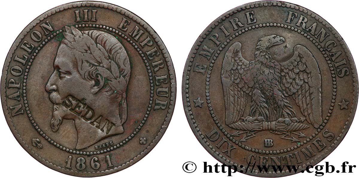 Dix centimes Napoléon III, tête laurée, contremarqué SÉDAN 1861 Strasbourg F.134/5 var. TTB 