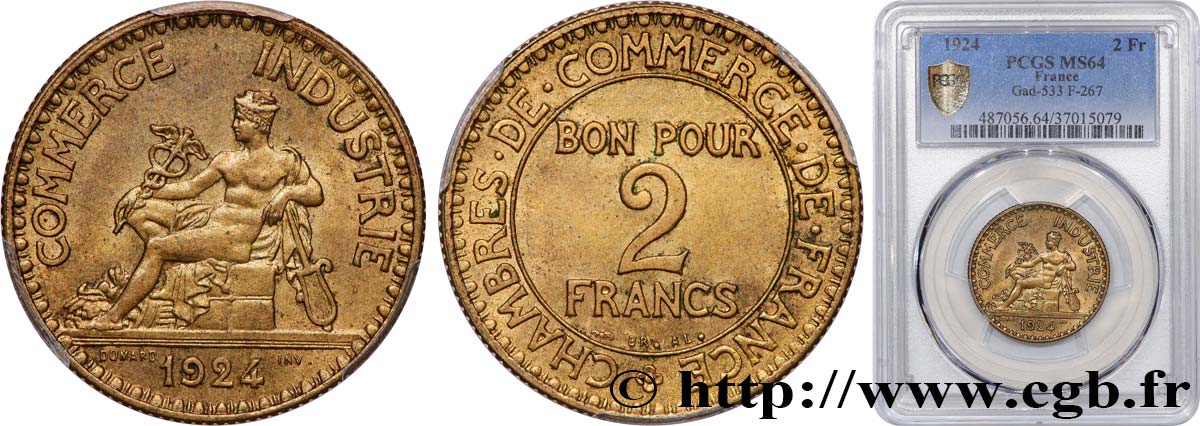 2 francs Chambres de Commerce 1924  F.267/6 MS64 PCGS