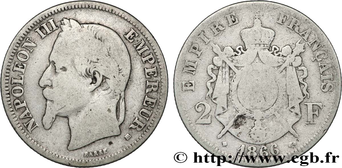 2 francs Napoléon III, tête laurée 1866 Strasbourg F.263/3 B 