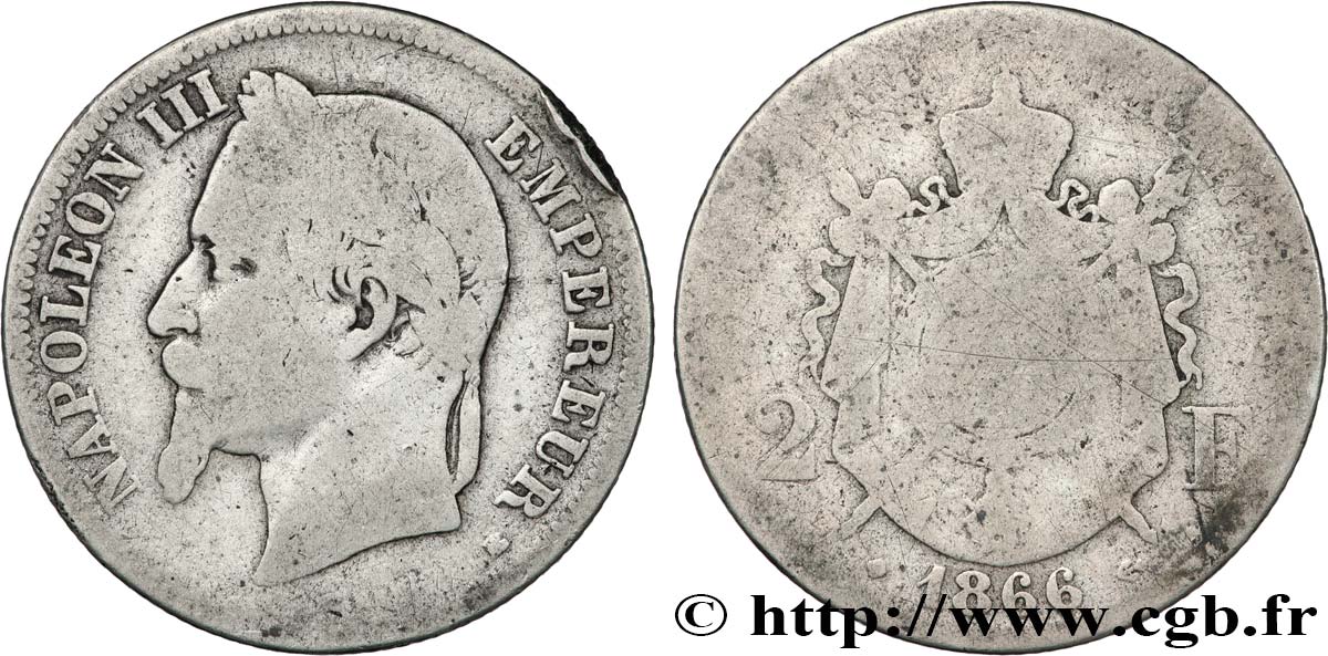 2 francs Napoléon III, tête laurée 1866 Strasbourg F.263/3 B 