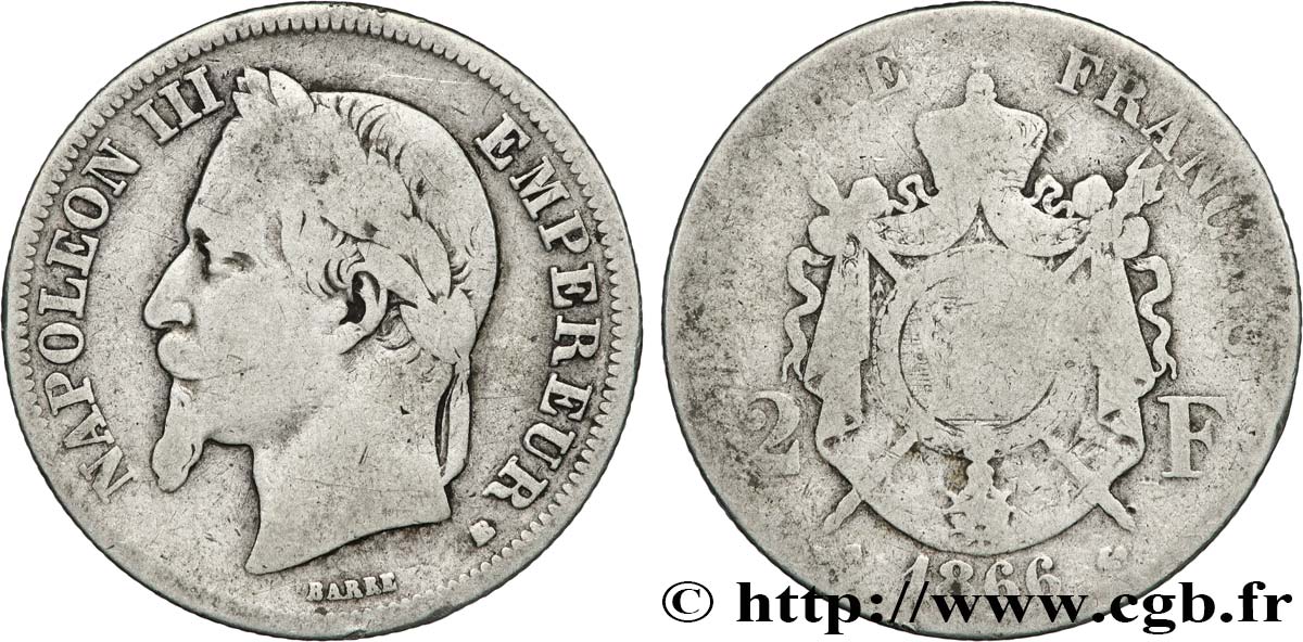 2 francs Napoléon III, tête laurée  1866 Strasbourg F.263/3 B+ 