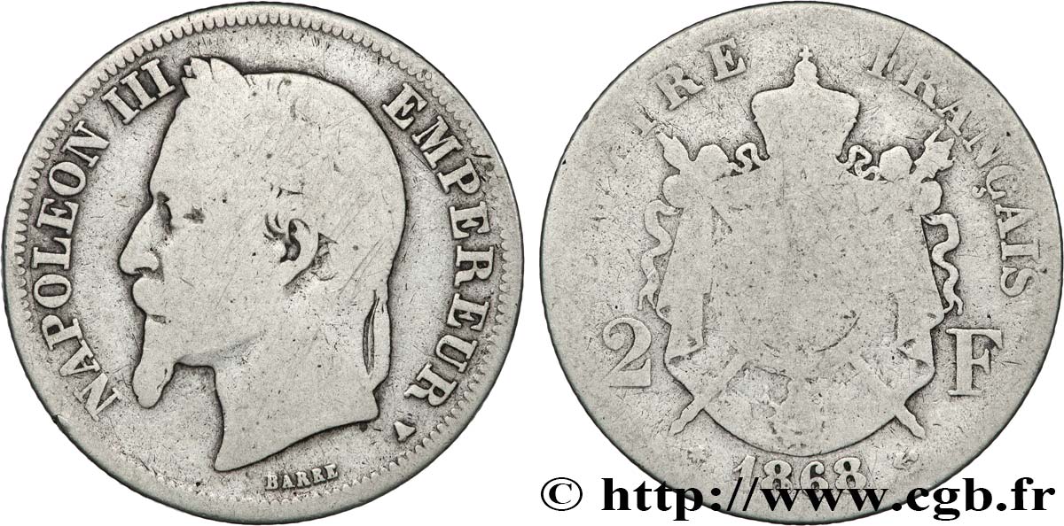 2 francs Napoléon III, tête laurée 1868 Paris F.263/8 VG 