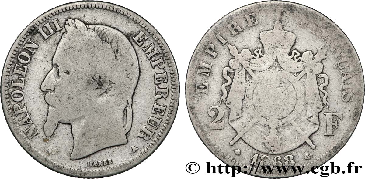 2 francs Napoléon III, tête laurée 1868 Paris F.263/8 B 