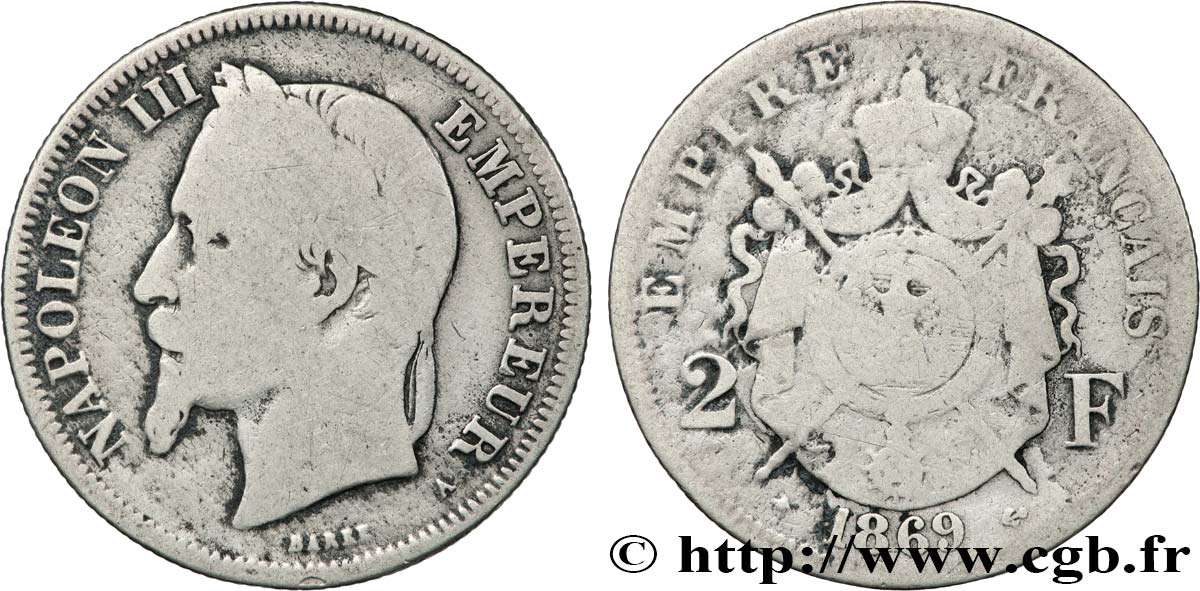 2 francs Napoléon III, tête laurée 1869 Paris F.263/10 VG 