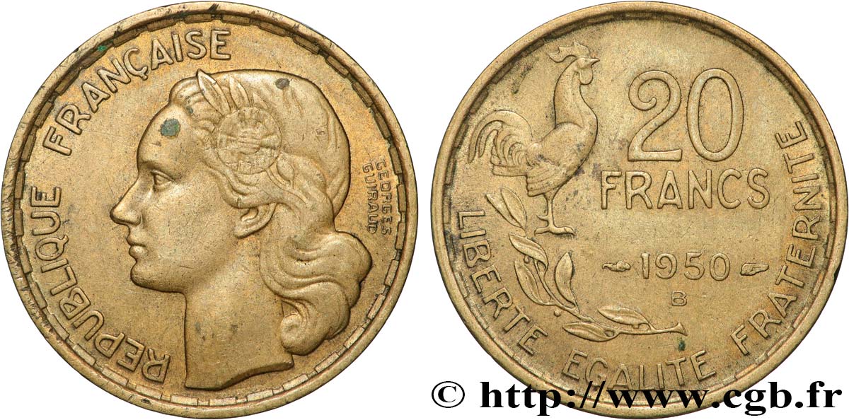 20 francs Georges Guiraud, 4 faucilles 1950 Beaumont-Le-Roger F.401/3 BB 