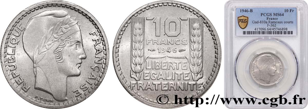 10 francs Turin, grosse tête, rameaux courts 1946 Beaumont-Le-Roger F.361A/3 SPL64 PCGS