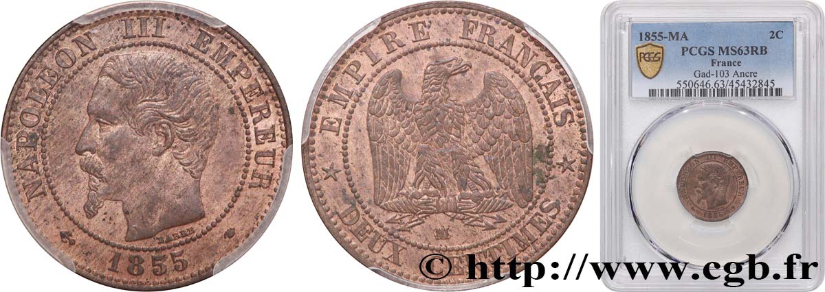 Deux centimes Napoléon III, tête nue 1855 Marseille F.107/36 SC63 PCGS