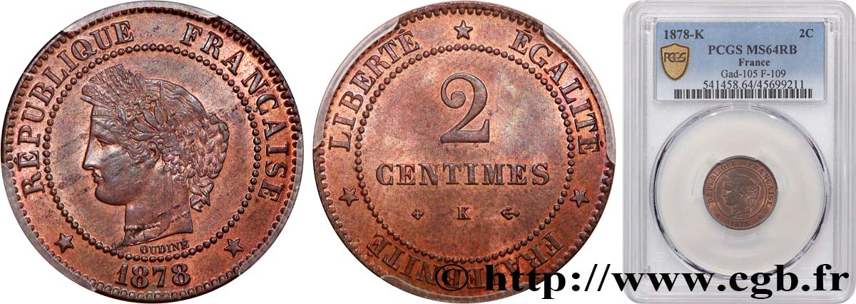 2 centimes Cérès 1878 Bordeaux F.109/4 SPL64 PCGS