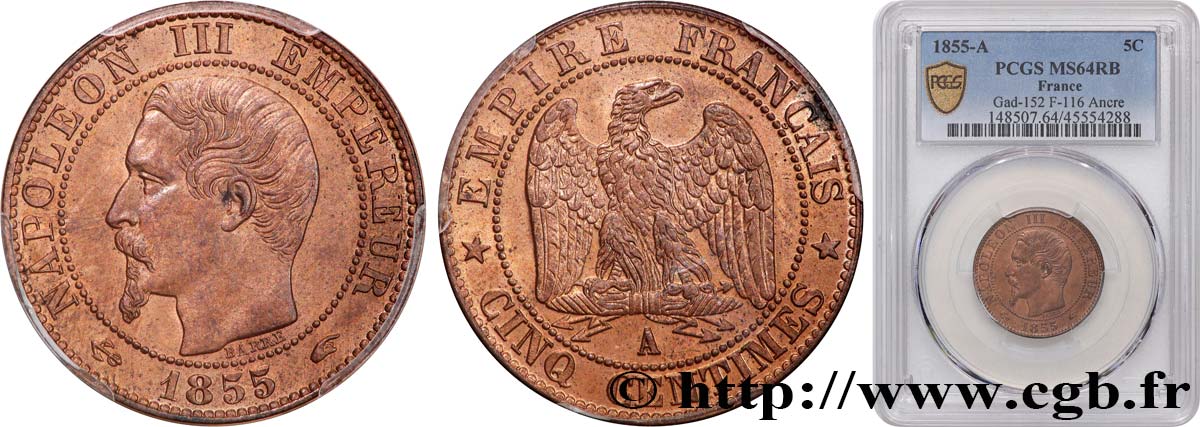 Cinq centimes Napoléon III, tête nue 1855 Paris F.116/17 SPL64 PCGS
