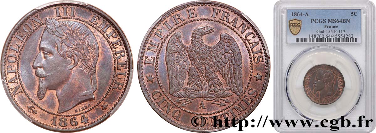 Cinq centimes Napoléon III, tête laurée 1864 Paris F.117/17 fST64 PCGS