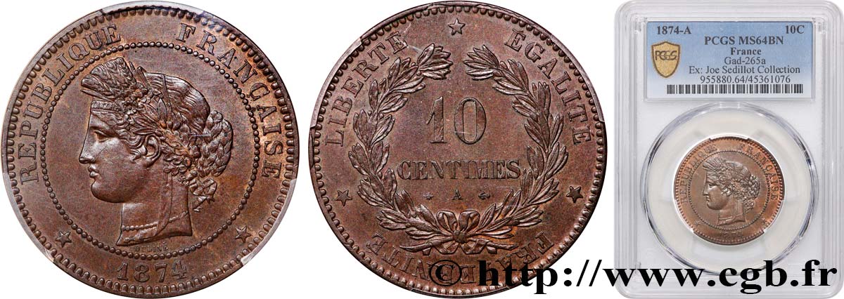 10 centimes Cérès 1874 Paris F.135/12 SPL64 PCGS