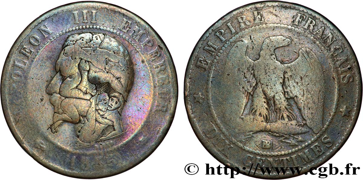 Dix centimes Napoléon III, tête nue, regravure érotique 1856 Strasbourg F.133/36 var. RC 