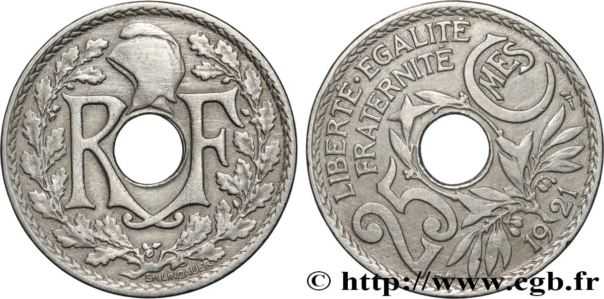 25 centimes Lindauer, Fauté coins tournés à -13 min/-78° 1921  F.171/5 var. TB 