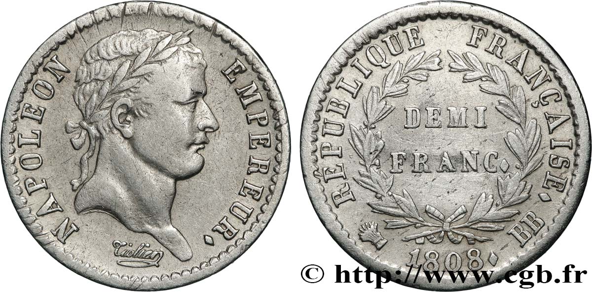 Demi-franc Napoléon Ier tête laurée, République française, buste fin 1808 Strasbourg F.177/4 q.BB 