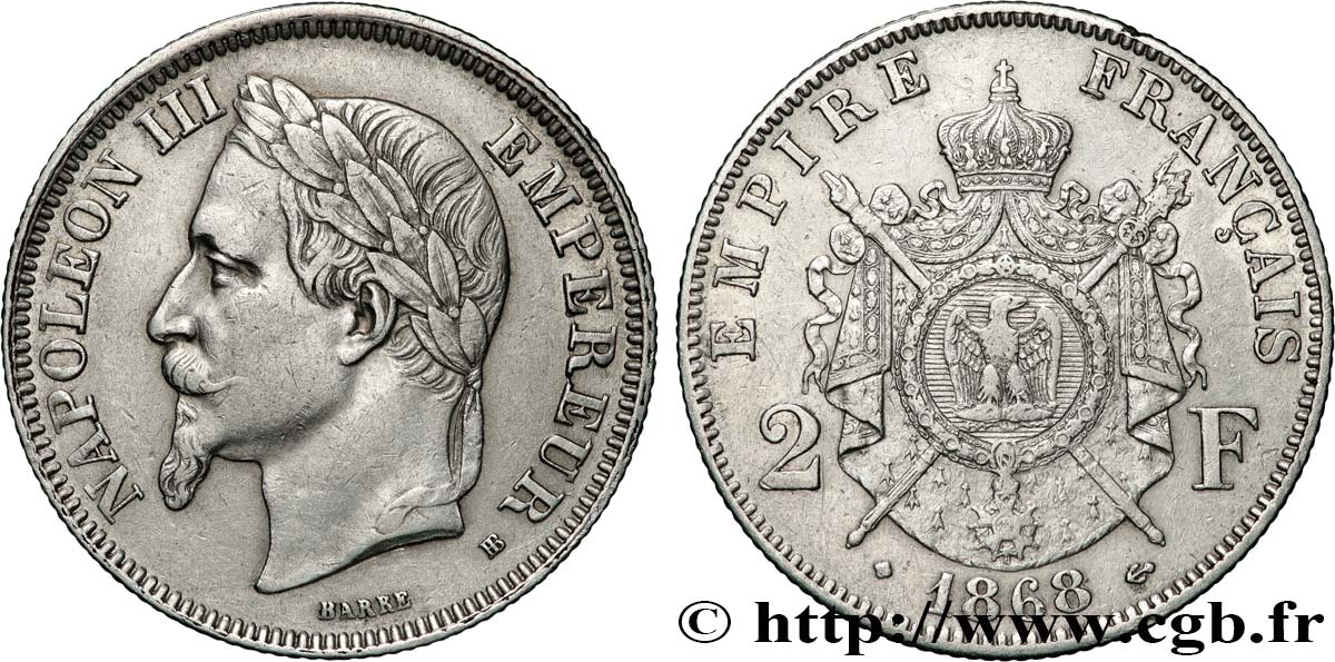2 francs Napoléon III, tête laurée  1868 Strasbourg F.263/9 TTB 