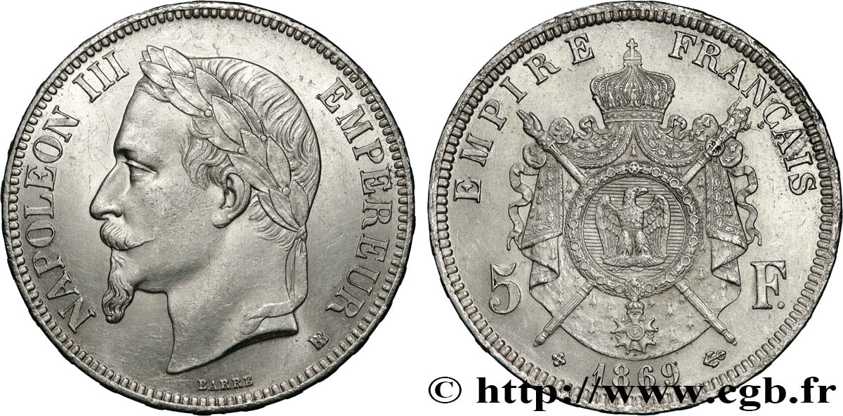 5 francs Napoléon III, tête laurée 1869 Strasbourg F.331/15 MS62 