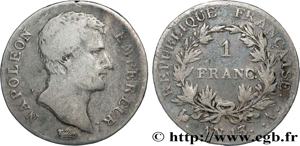1 franc Napoléon Empereur, Calendrier révolutionnaire 1805 Paris F.201/14 TB 