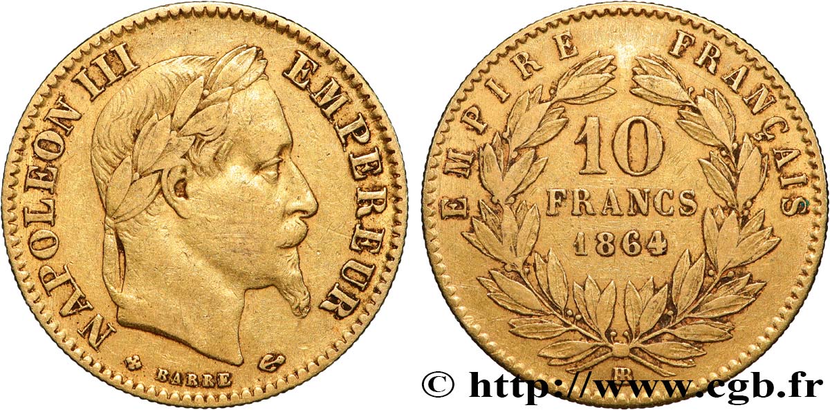 10 francs or Napoléon III, tête laurée 1864 Strasbourg F.507A/7 TB 