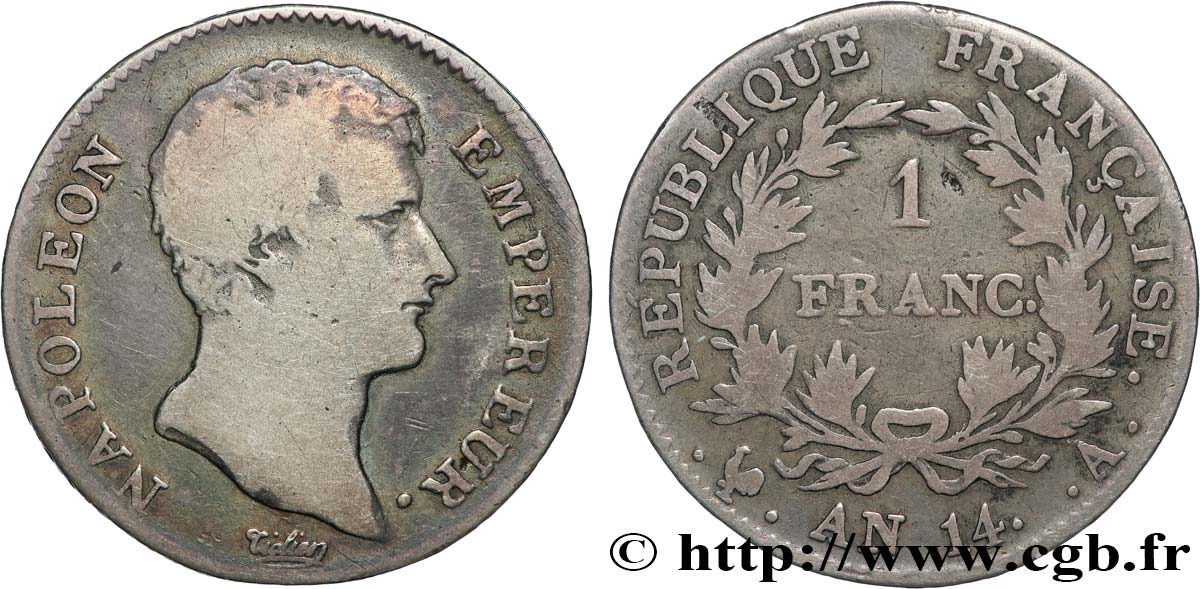 1 franc Napoléon Empereur, Calendrier révolutionnaire 1805 Paris F.201/29 VF 