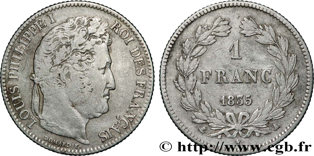 1 franc Louis-Philippe, couronne de chêne 1835 Paris F.210/40 TB 