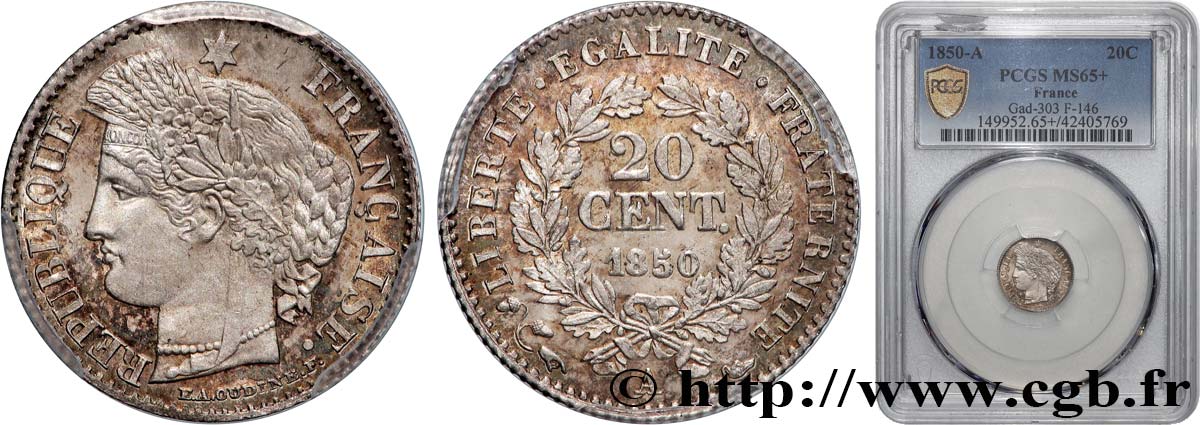 20 centimes Cérès, IIe République 1850 Paris F.146/3 MS65 PCGS