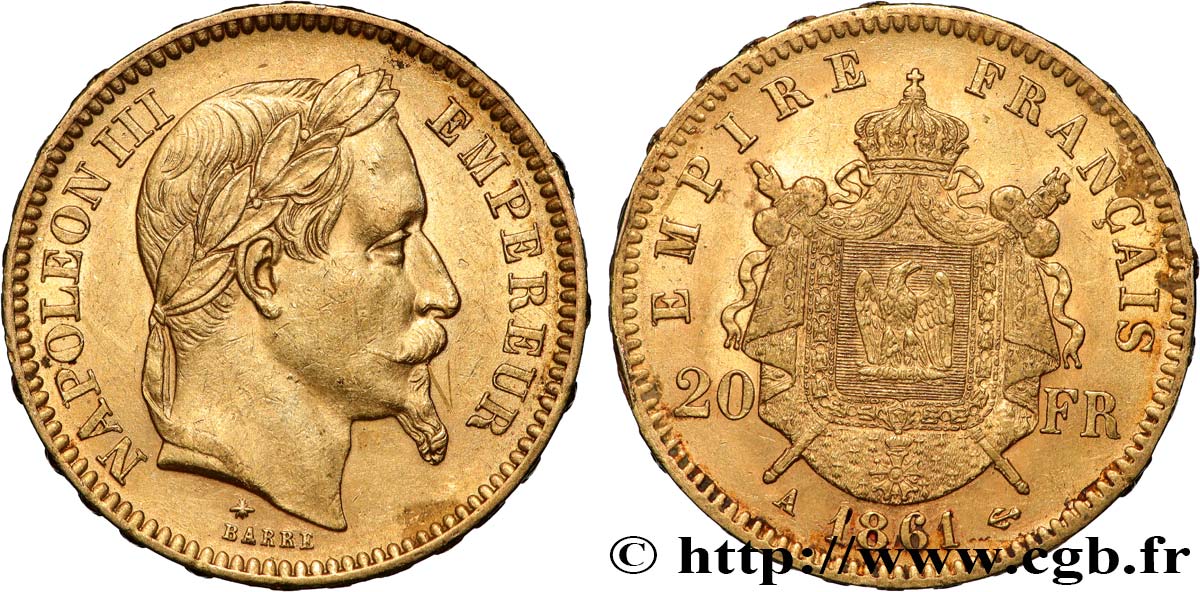 20 francs or Napoléon III, tête laurée 1861 Paris F.532/1 fVZ 