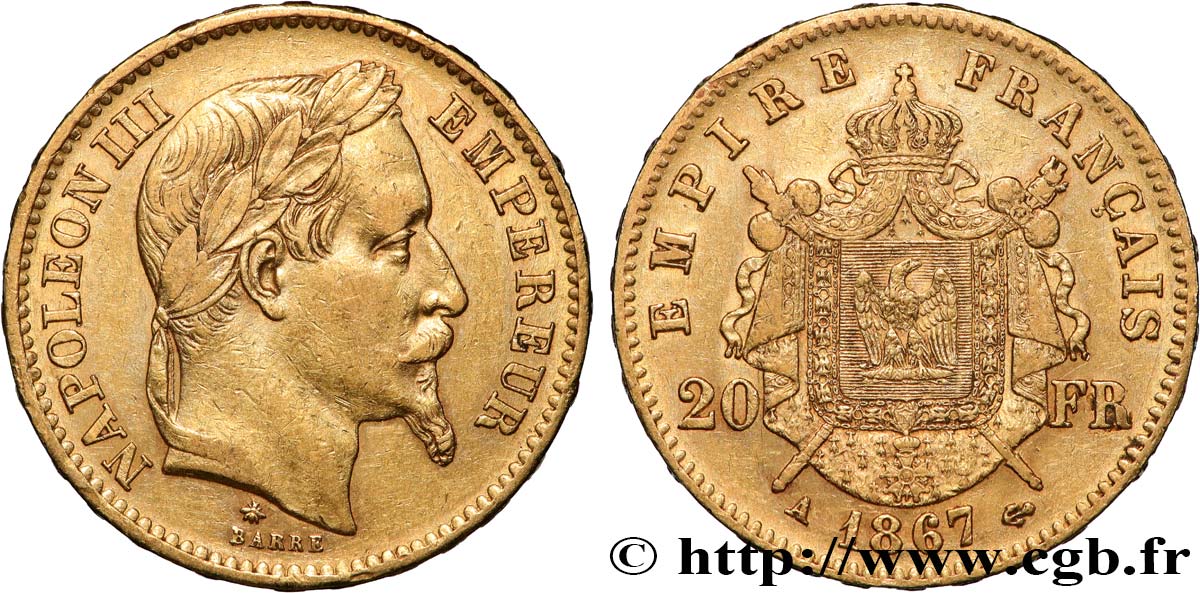 20 francs or Napoléon III, tête laurée 1867 Paris F.532/15 TTB 