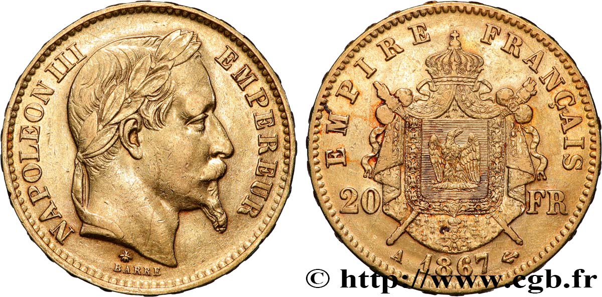 20 francs or Napoléon III, tête laurée 1867 Paris F.532/15 TTB 