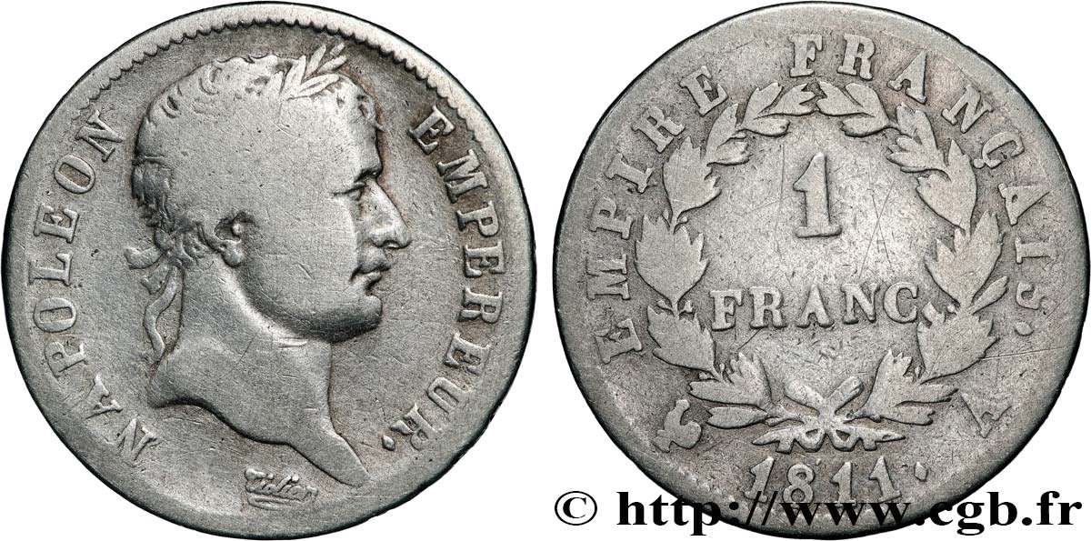 1 franc Napoléon Ier tête laurée, Empire français 1811 Paris F.205/28 B 