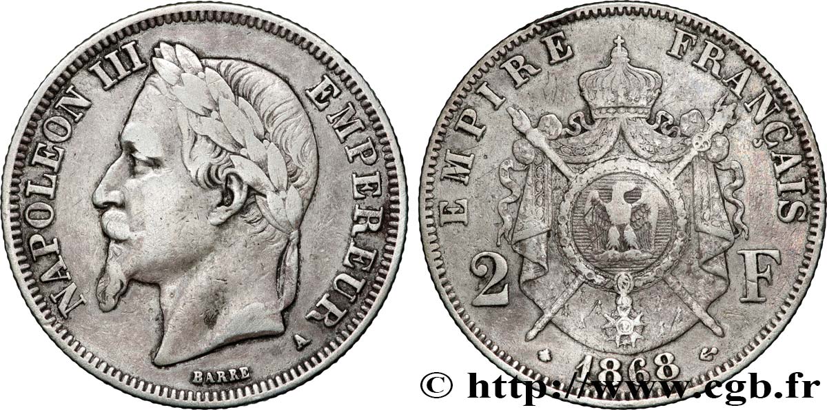 2 francs Napoléon III, tête laurée 1868 Paris F.263/8 TB 