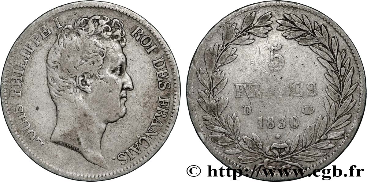 5 francs type Tiolier avec le I, tranche en creux 1830 Lyon F.315/4 S25 