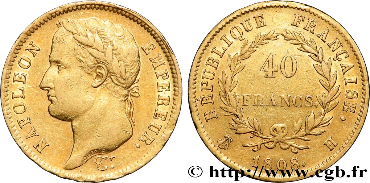 40 francs or Napoléon tête laurée, République française 1808 La Rochelle F.540/3 XF 