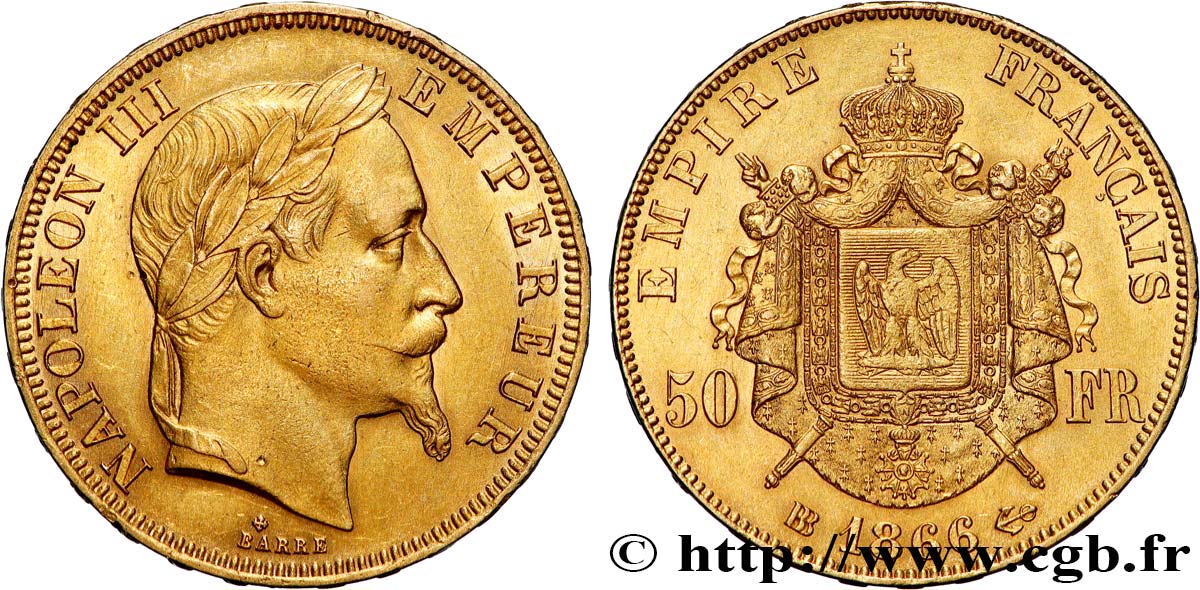 50 francs or Napoléon III, tête laurée 1866 Strasbourg F.548/7 TTB+ 