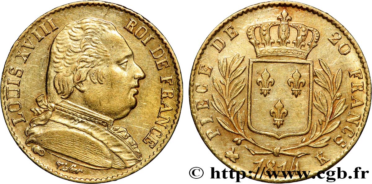 20 francs or Louis XVIII, buste habillé 1814 Bordeaux F.517/3 TTB+ 