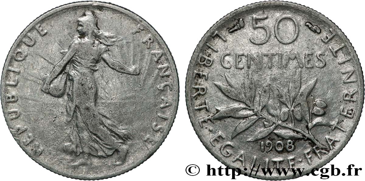 50 centimes Semeuse 1908 Paris F.190/15 BC 