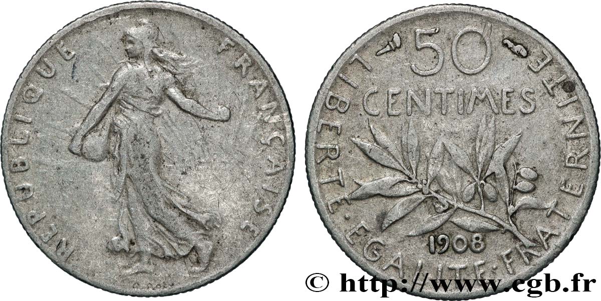 50 centimes Semeuse 1908 Paris F.190/15 q.BB 